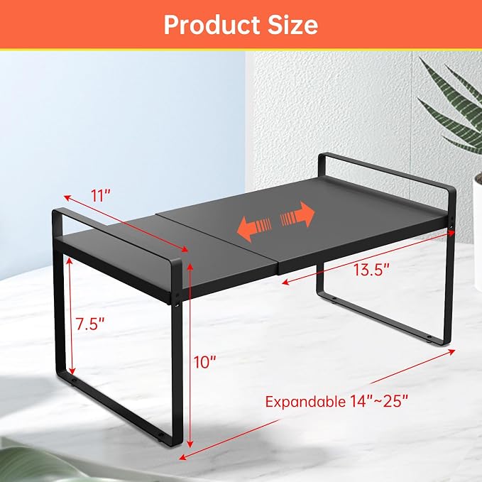 (2-Pack) 11" Cabinet Shelf Organizer Set, 14"~25" Expandable Shelves for Kitchen Cabinets & Cupboards, Perfect for Dishes, or Small Appliance Storage
