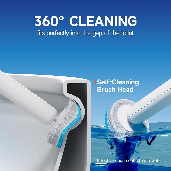 Disposable Toilet Brush and Holder Set - Hands-Free Eject Sponge Toilet Wand with Floor Standing Caddy, Secure-Lock Hangable Toilet Scrubber (36 Refills(Classic Gray))