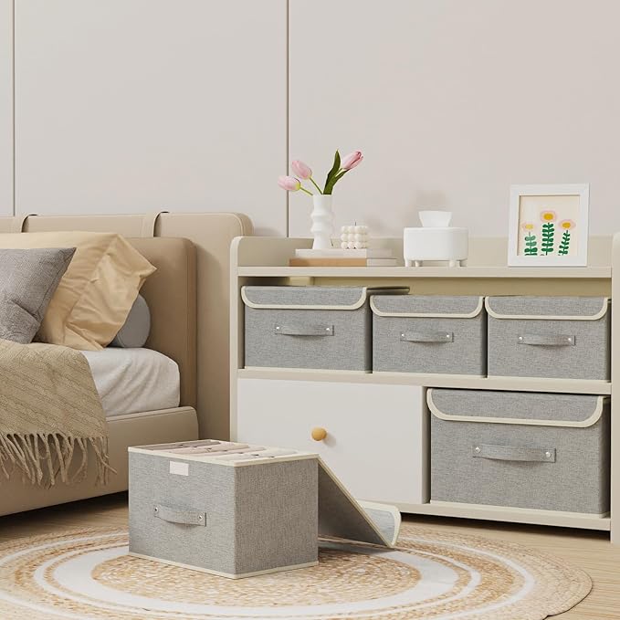 Fabric Storage Bins Cube Organizers with Flip-Top Lid and Handles,Storage Boxes for Organizing Home,Office,and Closet,Grey,5 Pack 15 x 9.8 x 9.8 in