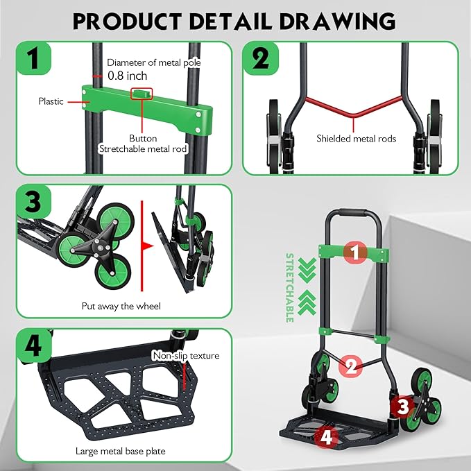 Heavy-Duty 330LB Capacity Hand Truck with Stair-Climbing Wheels & One-Touch Retractable Handle - Q235 Steel Collapsible Dolly Cart, 4.2-Inch Triple Wheels, Elastic Strap & Sponge Grip (Green)