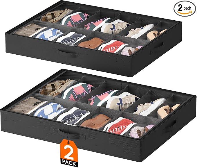 Lifewit 2-Pack Under Bed Shoe Storage Box, 4.3 Inch Slim Low Profile Fabric Organizer Holds 24 Pairs with Clear Cover, 29.3 x 23.6 x 3.9 in, Black