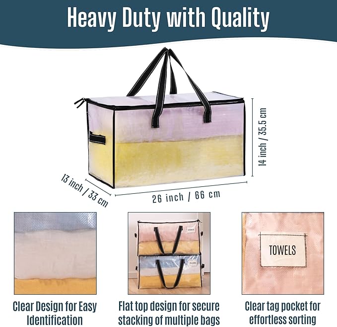 VENO 4 Pack Heavy Duty Moving Bags, Clear Storage Bags for Clothes and Comforters, College Dorm Essentials Packing Supplies, Foldable Boxes Alternative (Clear, 4 Pack)