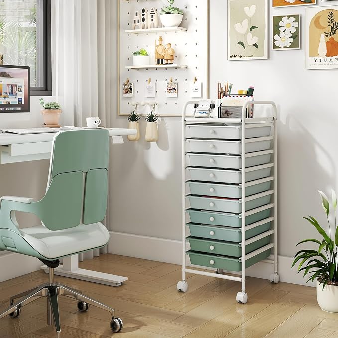 LDAILY 10-Drawer Rolling Storage Cart, Rolling Storage Cart, Storage Organizer on Wheels, Metal Frame, Scrapbook Paper Tools, Suitable for Office School, Classroom (Gradient Green, 10 Drawer)