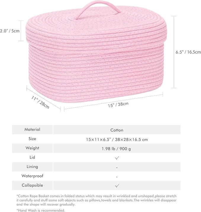 Sea Team Oval Cotton Rope Storage Basket with Lid, Lidded Woven Storage Bin, Nursery Storage Container, Diaper Caddy, Baby Shower Basket, Box, Organizer, 15 x 11 x 6.5 Inches (Medium, Pink)
