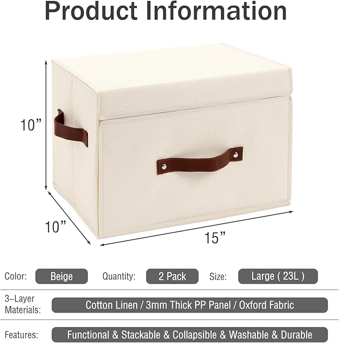2PCS Storage Bins Box with Lids Front Opening Window Decorative Cotton Linen Fabric Basket PU Leather Handles PP Board Foldable Washable Shelf Closet Organizer Container (Beige, Large)
