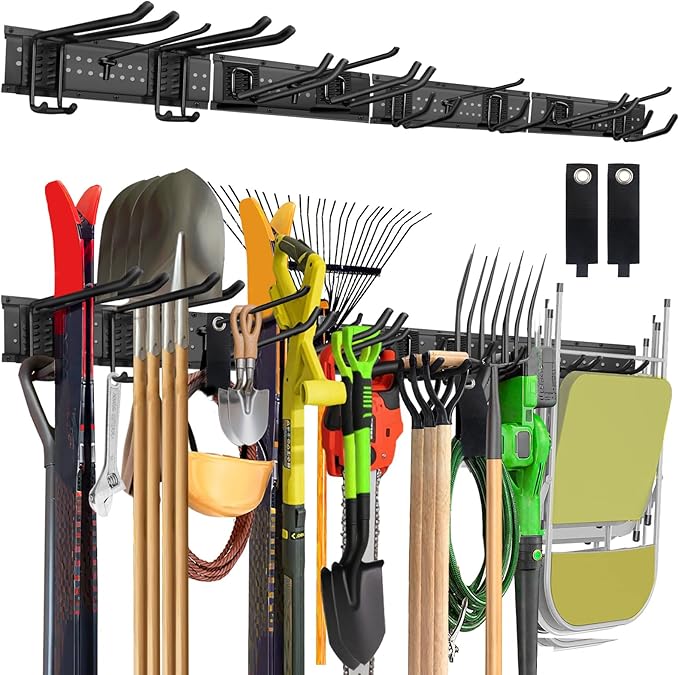 Garage Tool Organizer Wall Mount, 64in Tool Rack, 560LBS Capacity | Solid Steel, 12 Hooks in 4 Types, Rustproof Waterproof, Soft Anti-Scratch Hooks, With Storage Straps, For Garden Tool Storage