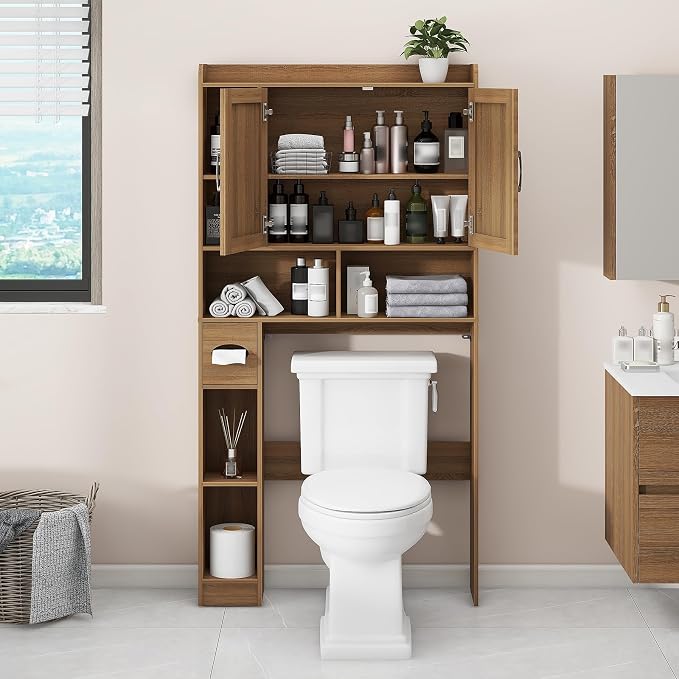 Vabches Over The Toilet Storage Cabinet with 2 Barn Doors, Oak | Farmhouse Storage Cabinet with Toilet Paper Holder Stand，Home Space-Saving Toilet Rack, for Bathroom, Restroom, Laundry
