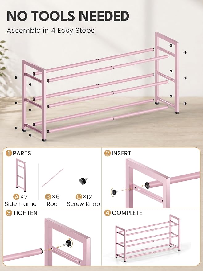Bumusty 3-Tier Expandable Shoe Rack for Closet, 18“-33” Adjustable Shoe Rack for Small Space, Small Shoe Organizer for Front Door, Sturdy Metal, Pink