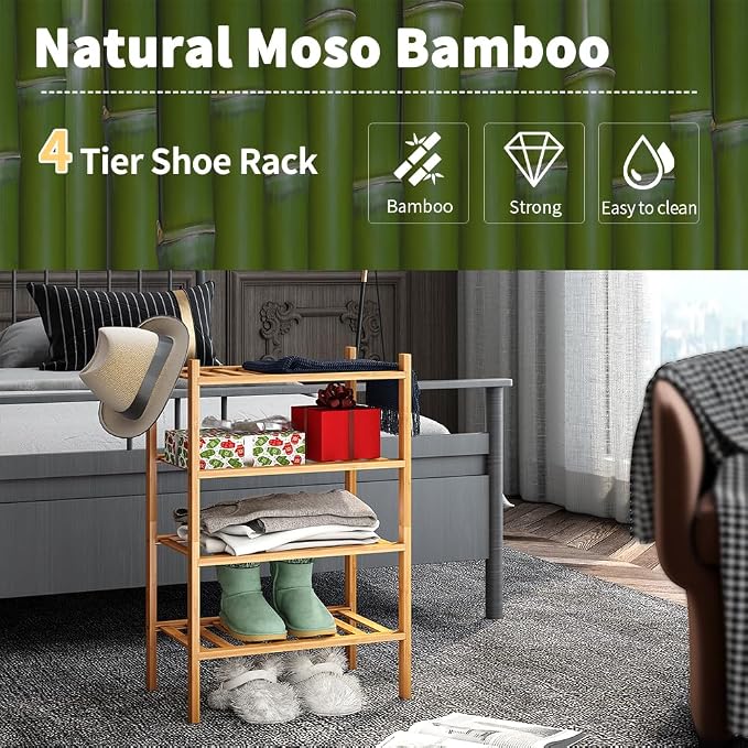 Small Shoe Rack, 4-Tier Bamboo Stackable Shoe Shelf Storage Organizer, Shoe Stand for Closet, Entryway and Hallway