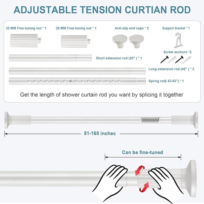ZOCONE Tension Curtain Rod 51-168In(4-14Ft),No Drill Curtain Rods for Window Outdoor Patio,Adjustable Shower Curtain Rod for Bathroom Renter Friendly,Heavy Duty Extra Long Tension Rod Never Rust,White