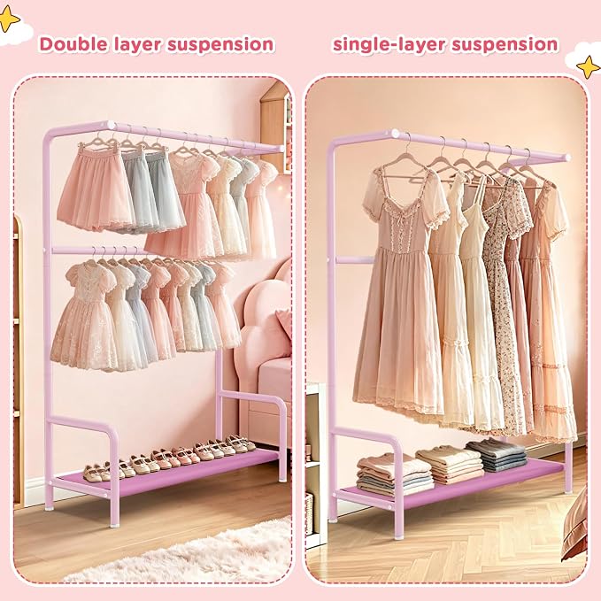 LOVEGRASS Kids Clothing Rack Double Rods for Bedroom Playroom Pink | Double Rod Design, Powder Coated Steel, Bottom Storage Shelf, for Baby Toddler Clothes, Dress Up, Nursery, Bedroom, Playroom