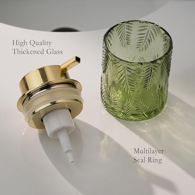 CICUFY Glass Foaming Dispenser - Refillable Lotion or Soap Dispenser for Kitchen & Bathroom, Large Gold Pump (Leaf Pattern - Green)