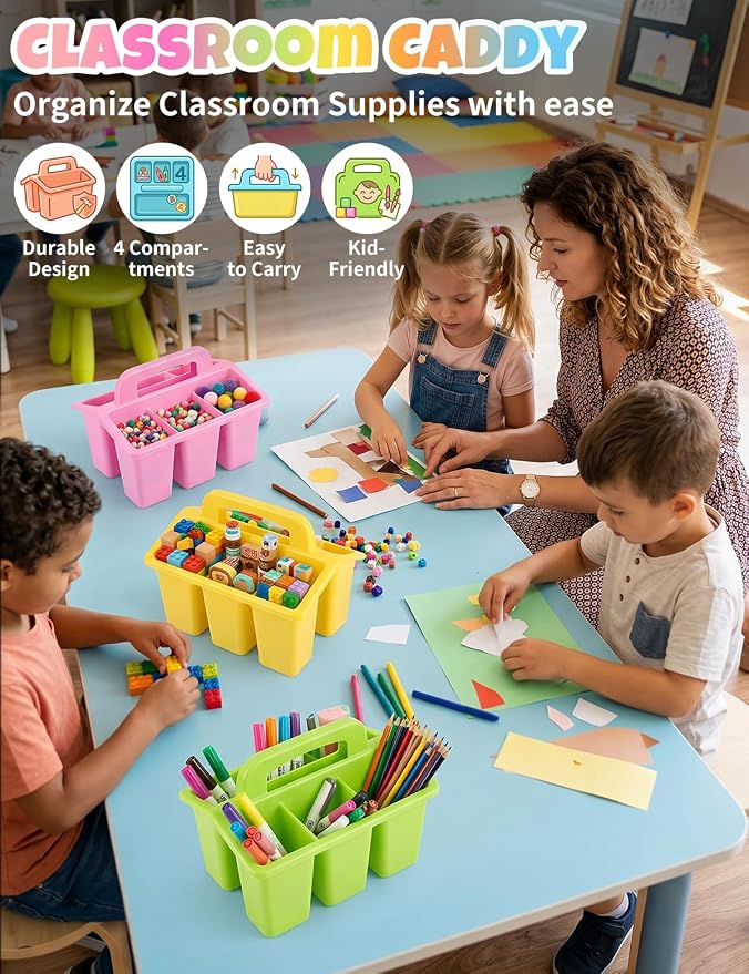 6 Pack Classroom Caddy Organizer with Handle, Table Caddy Classroom | 4 Compartments, 9×6.3×6.7 inches, Thick Durable PP Plastic, Built-in Handle, Stackable Design, for Classroom Desk Office Home