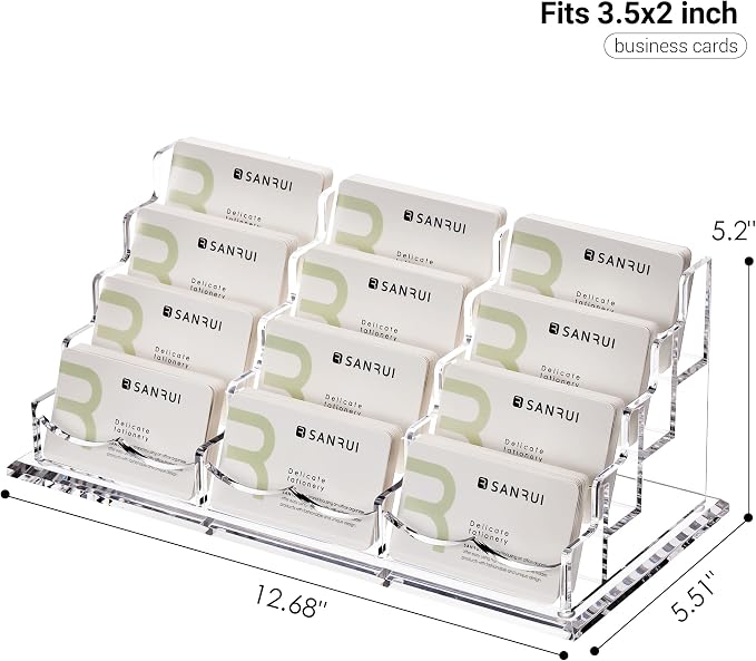 YUXUN Business Card Holder Display for Desk-12 Slots 4 Tier, Clear Multiple Acrylic Cards Stand for Women and Men, Business Card Holder Case for Office Supplies Home School
