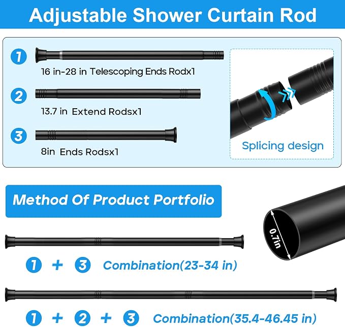 MEXAU 2 Pack Tension Curtain Rods 24-46 Inch,Adjustable Spring Tension Rods Black Shower Curtain Rod No Drilling for Window, Bathroom, Closet, Room Divider, 7/8" Diameter