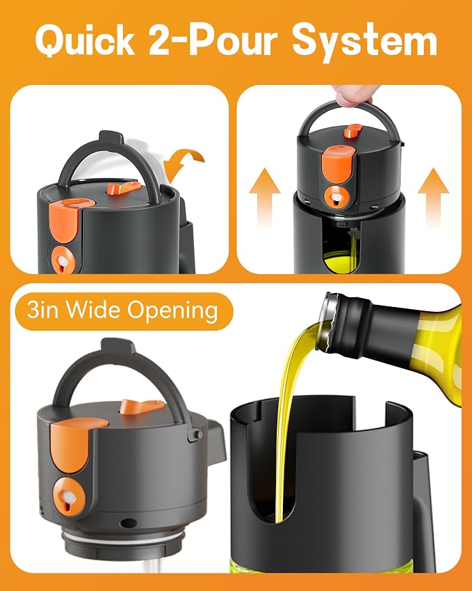 Olive Oil Sprayer & Dispenser for Cooking, 17oz Dark Glass Oil Mister, 2PC | 2-in-1 Sprayer & Pourer, Leakproof, Fine mist, Light-Blocking, Wide Mouth for Easy Refill & Clean, 8 Oil Labels, Reusable