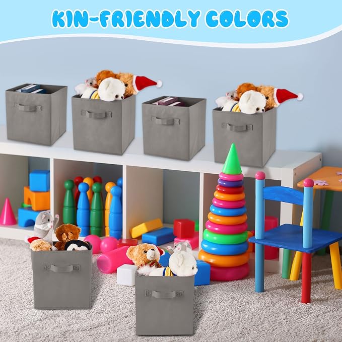 Yinder 12 Pcs Cube Storage Bin Grey 10.5''x10.5''x11'' Storage Bins for Playroom Decor Colorful Bins for Kids Foldable Baskets for Nursery Organizer Boxes Fabric Boxes