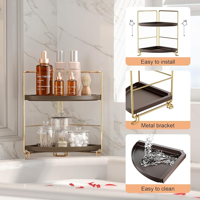 FSyueyun 2-Tier Corner Bathroom Counter Organizer (Gold & Brown) | Vanity Organizer and Storage for Countertop, Small Plastic Bathroom Trayp, Tool-Free Assembly Space Saving Corner Shelf