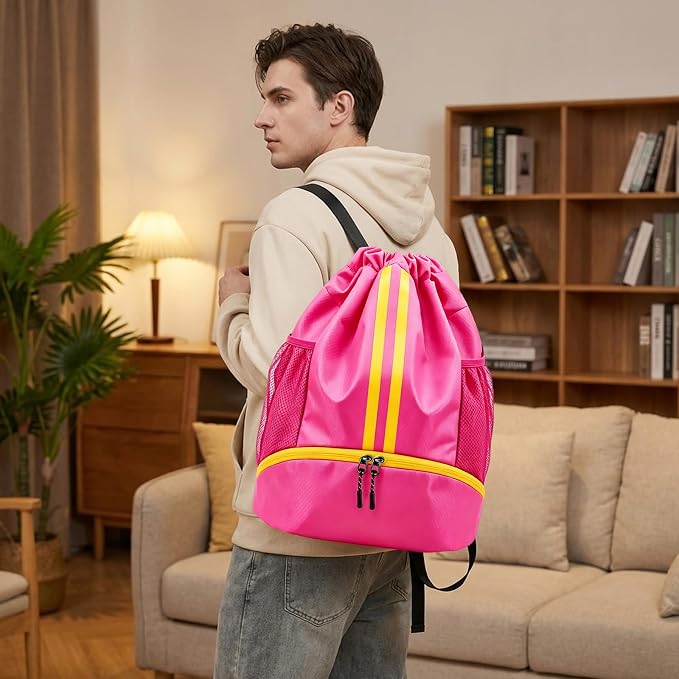 Rose Sports Drawstring Backpack with Shoes Compartment, String Gym Bag with Wet Proof Pocket for Basketball, Soccer, Swim, Sport Bag for Men and Women