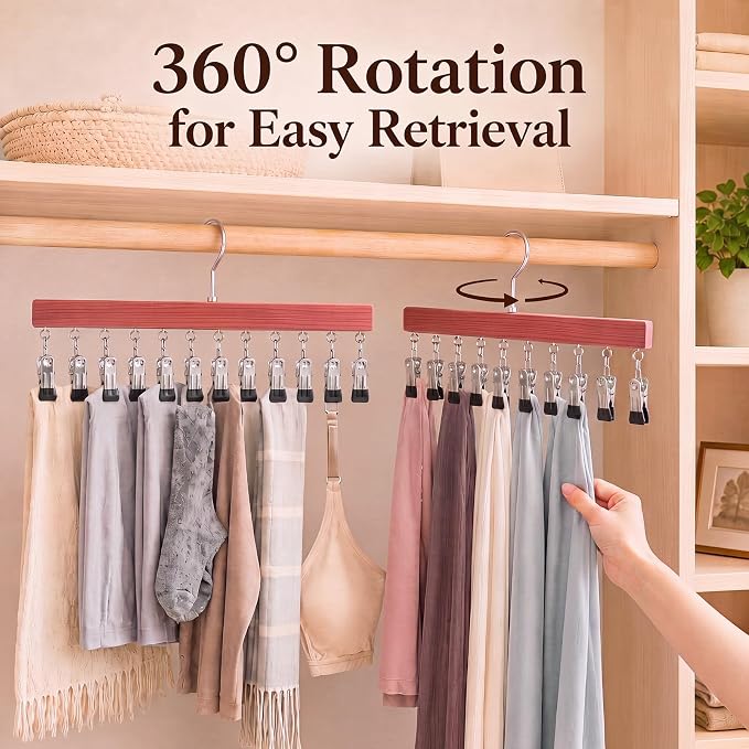Novabright 4 Pack Cedar Hangers with 12 Clips, 360° Rotating Multi Clip Hangers for Closet, Wooden Hanging Space Saving Organizer for Leggings Pants Jeans Socks Hats Scarves Bras Accessories