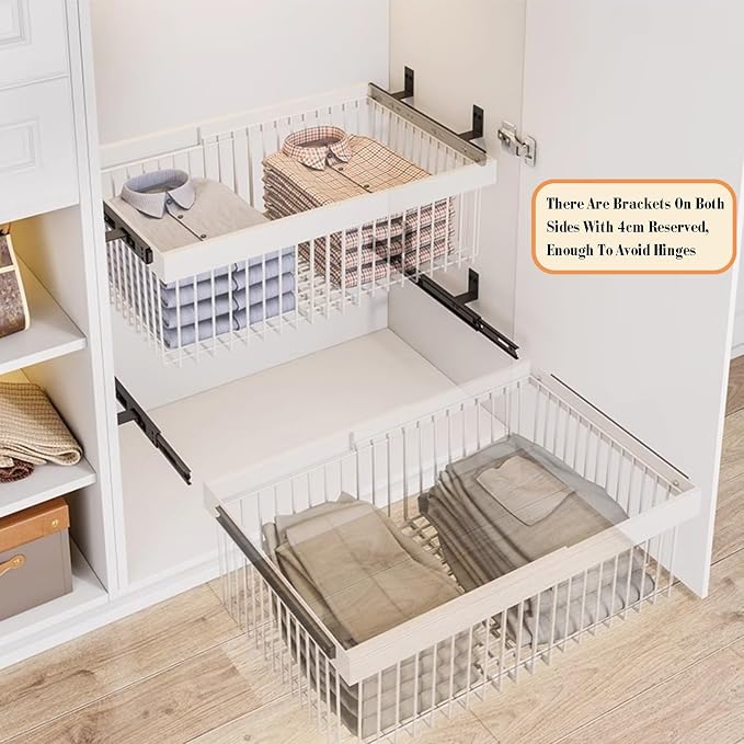 Closet Pull-Out Basket,Carbon Steel Stackable Storage Bins,Stackable Shelf Baskets Organizer,Adjusted Width for Bedroom Office Bathroom(12.99-17.71in)