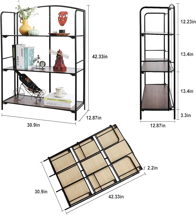Crofy 3-Tier Wider Foldable Bookshelf, Black Frame & Walnut Shelves | No-Assembly Collapsible Portable Storage Organizer; Sturdy Walnut Finish Shelves; Ideal for Living Room & Home Office