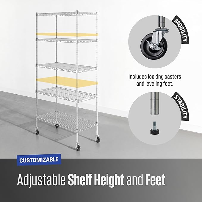 SafeRacks NSF 5-Tier Heavy Duty Steel Wire Rack w/Wheels (18"x36"x72")