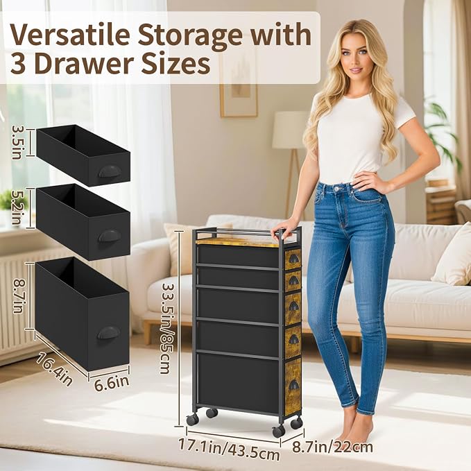 LASZOLA 5 Drawer Narrow Dresser Slim Cabinet Skinny Storage Tower Chest, Ideal for Small Spaces Bathroom, Between Washer and Dryer, Lightweight Mobile on Wheels, Sturdy Fabric Drawers, Brown