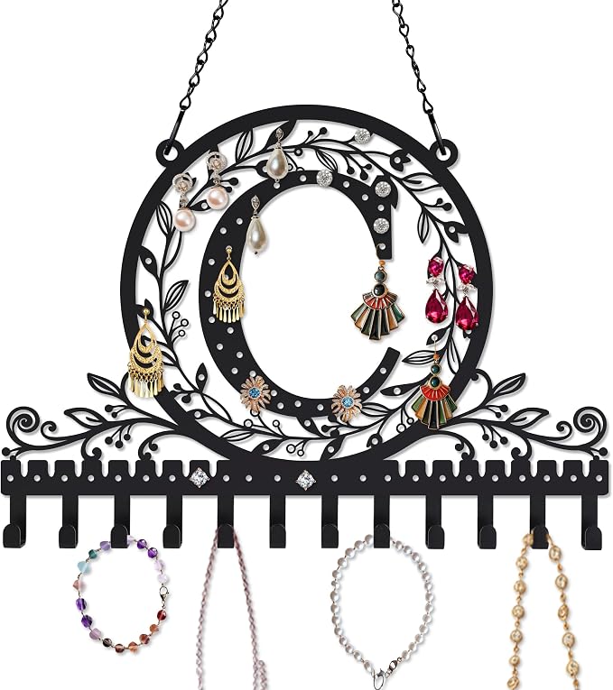 Personalized Wall Mounted Metal Initial Letter C Earring Holder Jewelry Organizer for Earrings and Necklaces Space Saving Wall Display with Hooks Jewelry Storage Bedroom Vanity Gift for Women