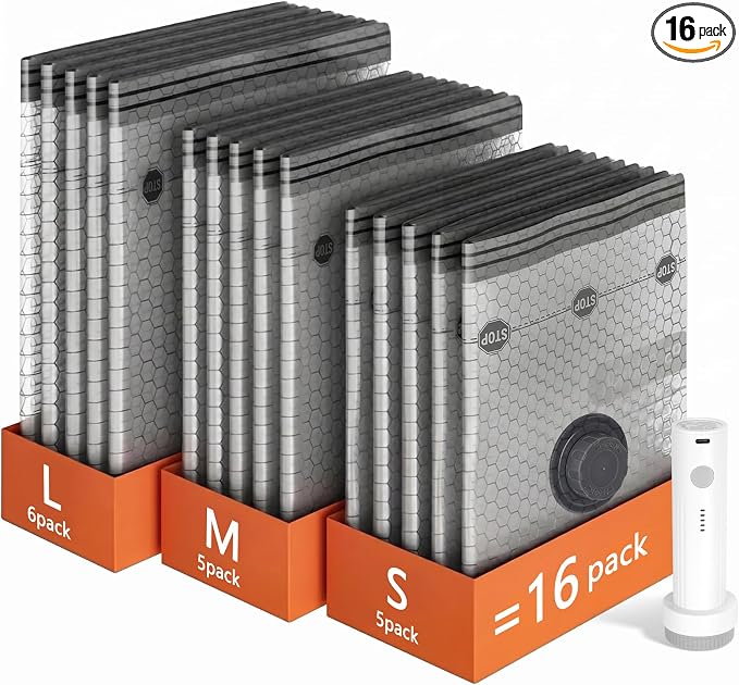 16 Pack Travel Vacuum Bags with Pump | Vacuum Seal Bags for Clothing Travel, Vacuum Storage Bags with Cordless USB Pump, PA+PE Zipper for Space Saver for Home