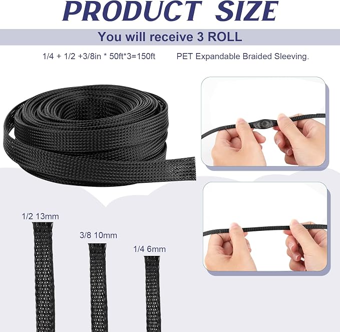 150 Feet 1/4, 1/2, 3/8 Inches Braided Wire Loom Automotive PET Cable Loom | Expandable Braided Sleeving Mesh Wire Loom for TV, Computer, Home Theater, Black