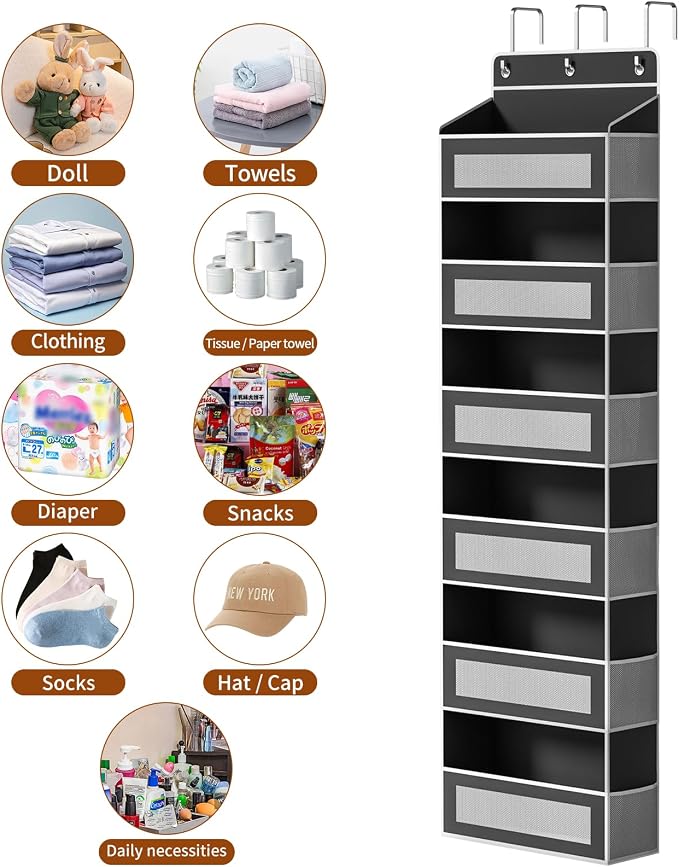 6-Tier Over The Door Organizer with 6 Large Pockets, Over the Door Storage 12 Side Pockets, Hanging Door Organzier 44 lb Load Behind Door Storage Hanging Shelf for Closet Wall Bathroom Nursery, Black