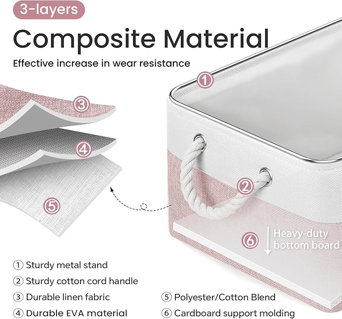 15.7x11.8x8.26 Inch Fabric Large Storage Bins with Handles 6 Pack | Foldable, Sturdy Metal Strand, Cardboard Support Molding, Fabric Storage Baskets for Shelves, Closet, Bedroom, White/Pink