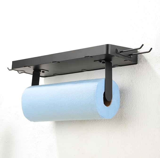 ZUNTO Wall Mounted Paper Towel Holder with Shelf for Garage, Drilling | Heavy Duty, Garage Organization and Storage with Side Hinging Hooks, Screw-in, Black Stainless Steel, Also Ideal for Kitchen