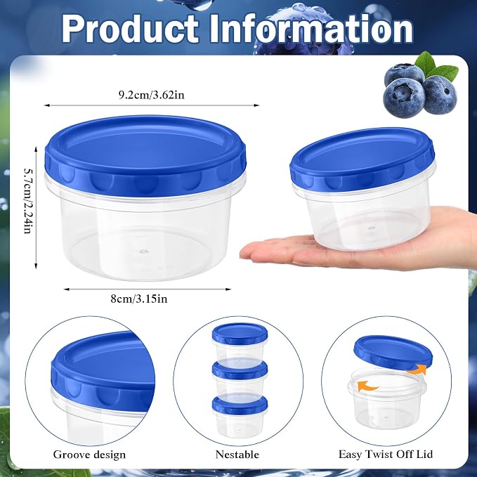 Sieral 16 Pack 8 oz Freezer Containers with Lids Reusable Deli Freezer Storage Containers Stackable Plastic Thick Twist Top Jars for Takeout Food Round Wide Mouth Lunch Snack (Blue)