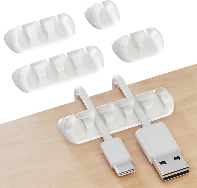 GLUIT Cord Organizer for Desk Cable Holder for Nightstand Charger Organizer Adhesive Desktop Wire Multislot Clips and Table Management Accessories Office Spaces Transparent 5 Pack, 15 Slots