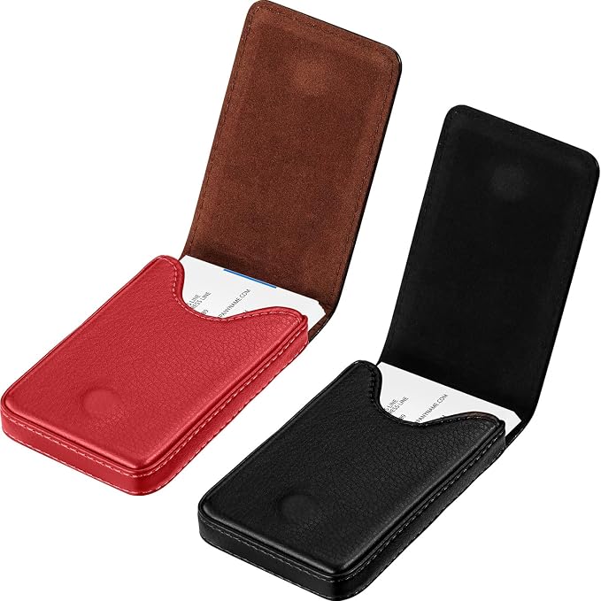 Outus 2 Pcs Business Card Holder, PU Leather Business Card Case Pocket Wallet with Magnetic Shut for Men Women(Black and Red,Classic)