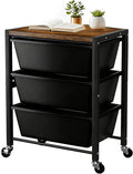 Rolling Cart with 3 Drawers, Plastic Drawer Storage Carts with Lockable Wheels & Wooden Tabletop, Metal Utility Cart Organizer, Office Bedroom Classroom Craft Organization and Storage, Dark Black