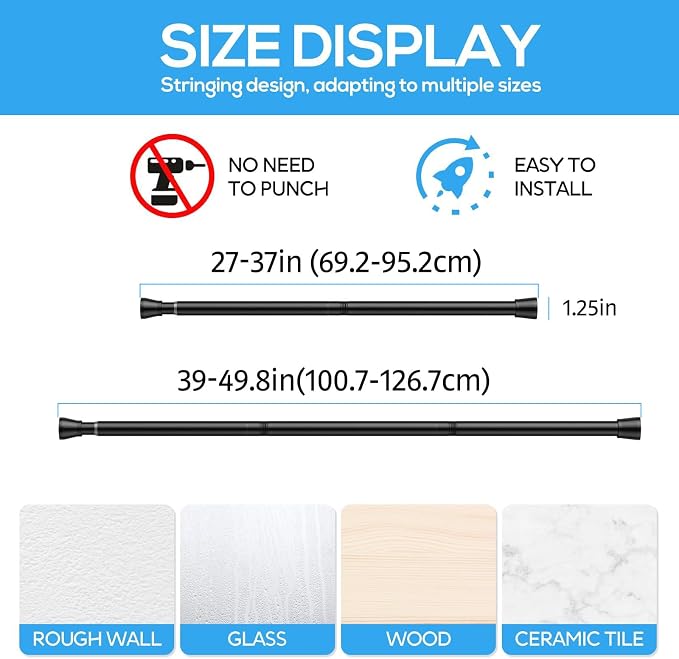 2 Pack Spring Tension Rods 28-49 Inches, 7/8 Inch Diameter Black No Drill Spring Loaded Adjustable Extendable, Small Short Tension Curtain Rod for Windows Kitchen Doorway Closet Cupboard
