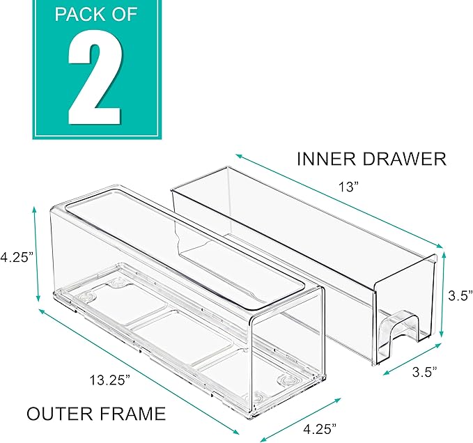 Sorbus Small Clear Acrylic Storage Drawers (2 Pack) - Stackable Plastic Organizer Bins for Fridge, Freezer, Pantry, and Bathroom
