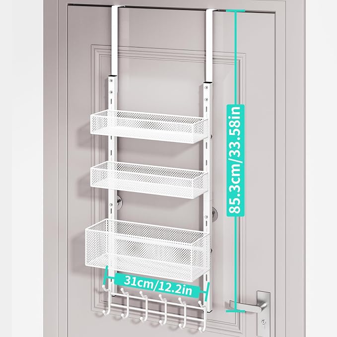HapiRm Over The Door Hanger with Coat Hooks and 3 Baskets, Rustproof Over The Door Hooks, Storage Organizer for Hats, Towels - White