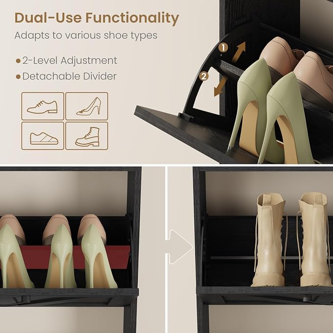 Shoe Cabinet Organizer with 2 Flip Drawers, Farmhouse Narrow Shoe Storage Cabinet with 2 Adjustable Shelves & 2 Hooks, 23.6"W x 8.7"D x 41.8"H Shoe Rack for Entryway, Foyer, Hallway, Black