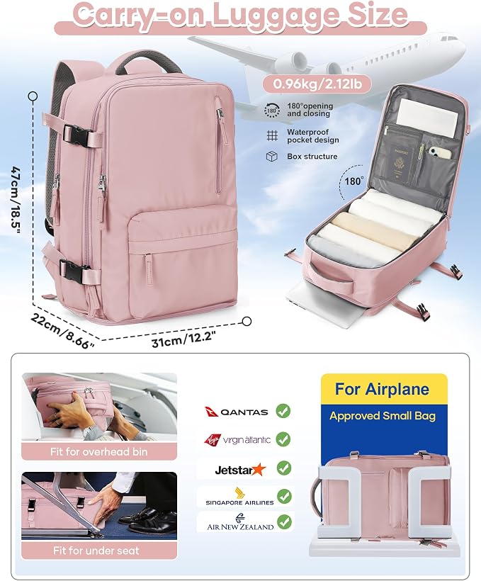 WONHOX Large Travel Backpack Women, Carry On Backpack,Hiking Backpack Waterproof Outdoor Sports Rucksack Casual Daypack with USB Charging Port Shoes Compartment,Pink…