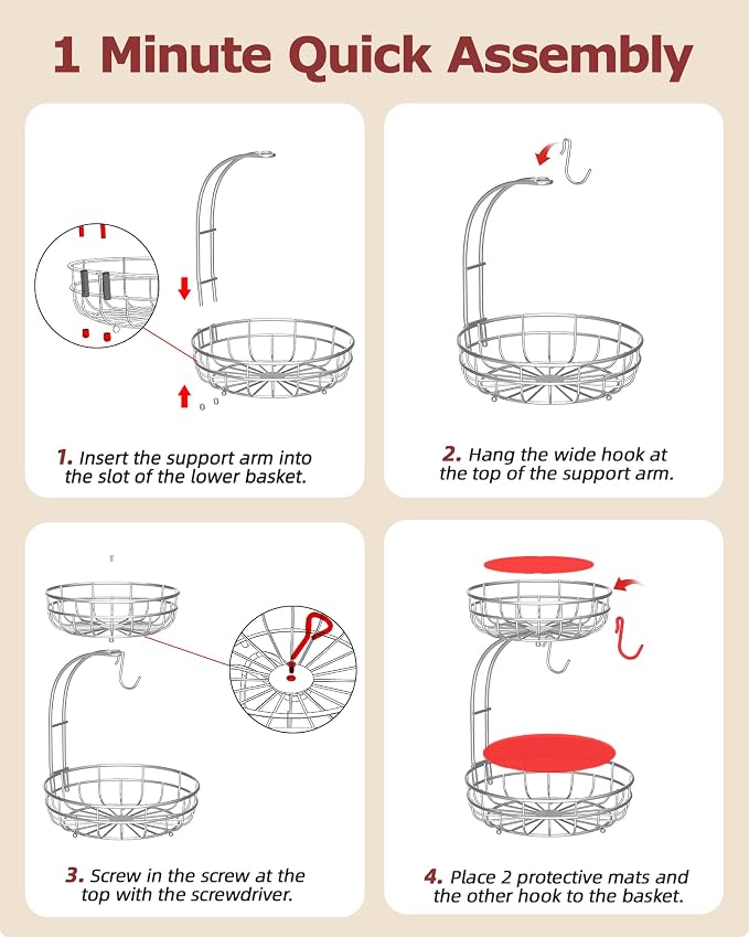Sevenblue 2 Tier Modern Fruit Basket for Kitchen, Silvery, Extra Large | Space-Saving Vertical Storage for Veggies, Bread, Snacks, Fits Under Cabinets, includes 2 banana hooks and protective mats