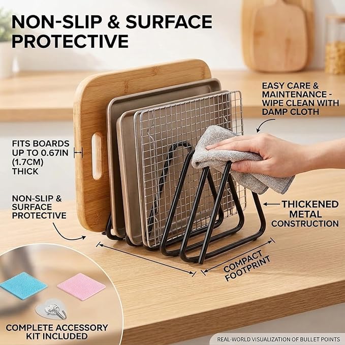Cutting Board Organizer, Vertical Metal Stand | Kitchen Countertop and Cabinet Holder for Chopping Boards, Baking Sheets, Trays and Plates, Includes 2 Sponges and 1 Hook