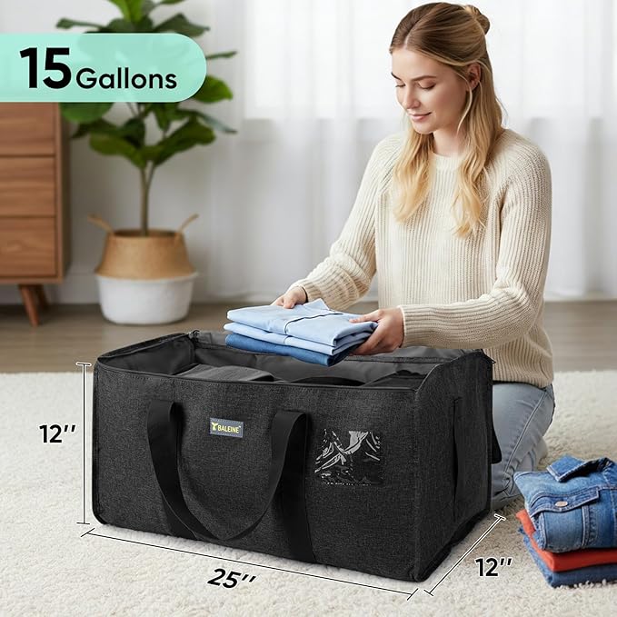 BALEINE Extra Large Storage Tote with Zippers & Carrying Handles, Heavy-Duty Oxford Fabric Moving Bags for Laundry, Space Saving, Storage, 2-Pack, Charcoal Black