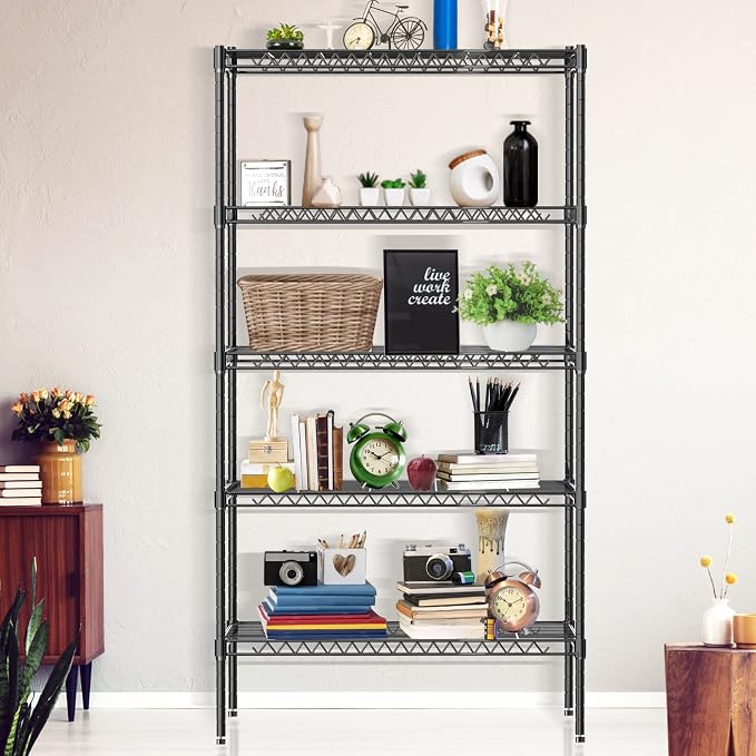 5 Tier Metal Shelving Unit Adjustable Wire Storage Shelves NSF Metal Storage Rack Shelf Organizer Kitchen Storage for Pantry Office, 1200Lbs Capacity, 72" H x 36" W x 14" D, Black