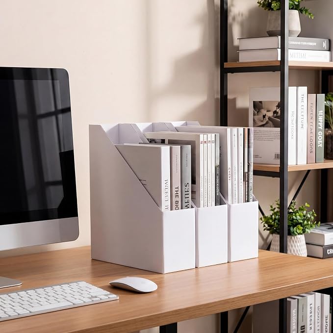 Rempry Magazine File Holders White, Foldable Cardboard Document Organizer Boxes with Labels, Space-Saving Storage for Office, Home, School, 10x3.3x12 Inchs, 6 Pack