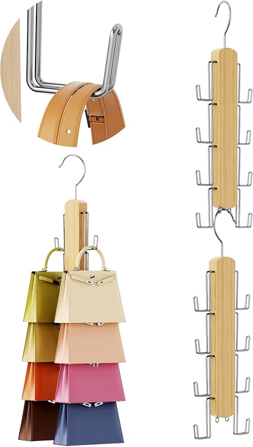 NiHome Wooden Purse Organizer for Closet, 8 Extra-Wide Metal Hooks Handbag Hanger, Space-Saving Hanging Bag Holder & Purse Rack for Closet Organization (Natural, 2 Pack)