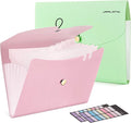 JARLINK 7 Pockets Expanding File Folder, A4 Accordion folders, Pink & Green | Accordion File Folders with 12 Labels, Portable Document Organizer for Home, College, School, and Office Supplies